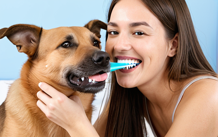 **Image Prompt for Regular Brushing**: "A pet owner gently brushing a dog's teeth in a calm environment, using a soft-bristled toothbrush designed for pets and a fluoride-free toothpaste. The dog looks comfortable and relaxed, with a happy expression."