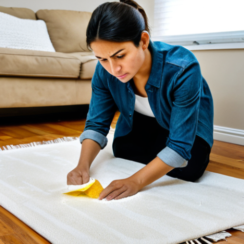 Home 8 **
"A person carefully soaking up a pet urine stain on a light-colored rug with paper towels, focused on the area with a determined expression, safe for work, appropriate content, fully clothed, modest attire, home environment."
**