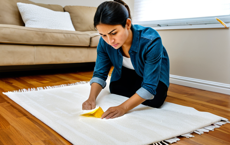 **

"A person carefully soaking up a pet urine stain on a light-colored rug with paper towels, focused on the area with a determined expression, safe for work, appropriate content, fully clothed, modest attire, home environment."

**