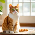 고양이 간식 중독 방지법 - **Prompt:** A domestic shorthair cat with vibrant orange and white tabby markings, sitting upright o...