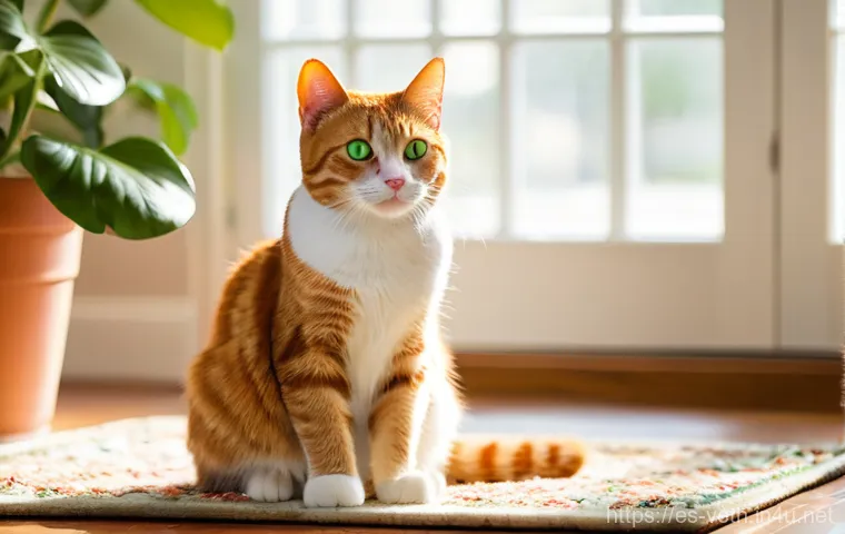 고양이 간식 중독 방지법 - **Prompt:** A domestic shorthair cat with vibrant orange and white tabby markings, sitting upright o...