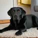 강아지 강박증 증상과 치료 - **Prompt:** A medium close-up of a sweet-faced Labrador Retriever, sitting calmly on a soft rug in a...