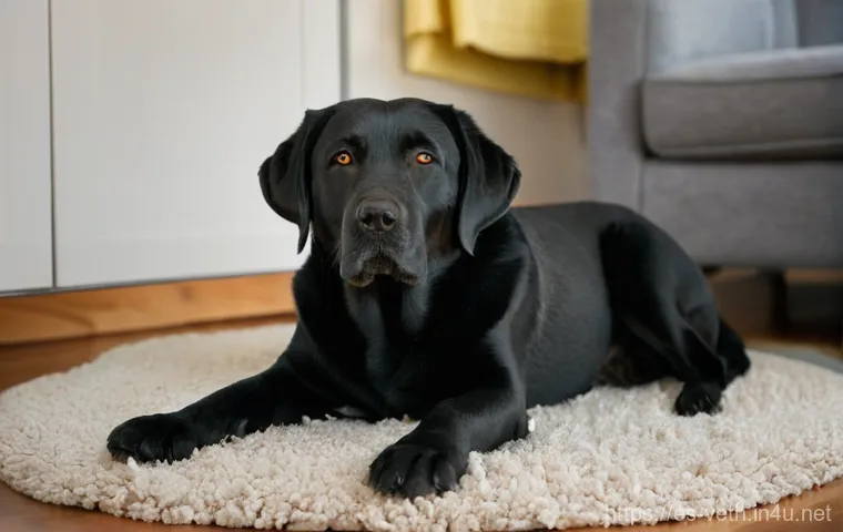 강아지 강박증 증상과 치료 - **Prompt:** A medium close-up of a sweet-faced Labrador Retriever, sitting calmly on a soft rug in a...