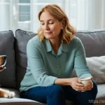 반려견 체중 관리 방법 - **Prompt:** A heartwarming scene featuring a middle-aged woman, dressed in comfortable, casual attir...