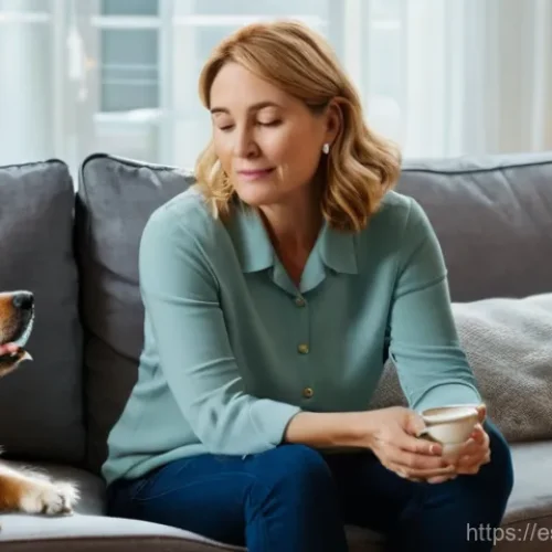 Home 1 반려견 체중 관리 방법 - **Prompt:** A heartwarming scene featuring a middle-aged woman, dressed in comfortable, casual attir...