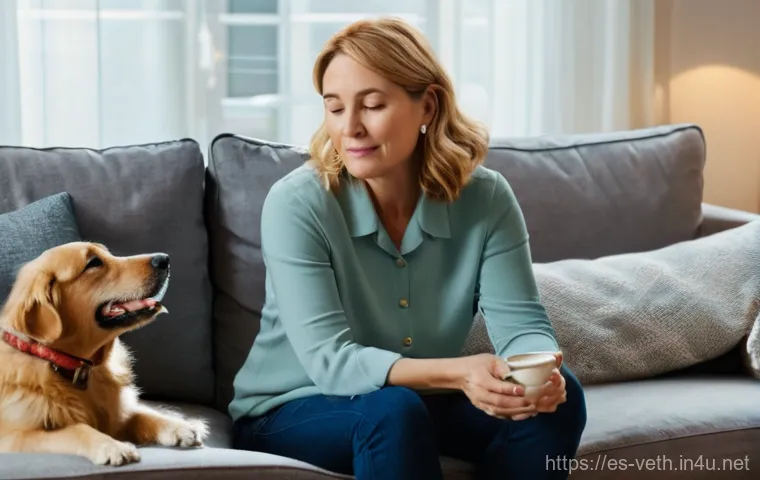 반려견 체중 관리 방법 - **Prompt:** A heartwarming scene featuring a middle-aged woman, dressed in comfortable, casual attir...