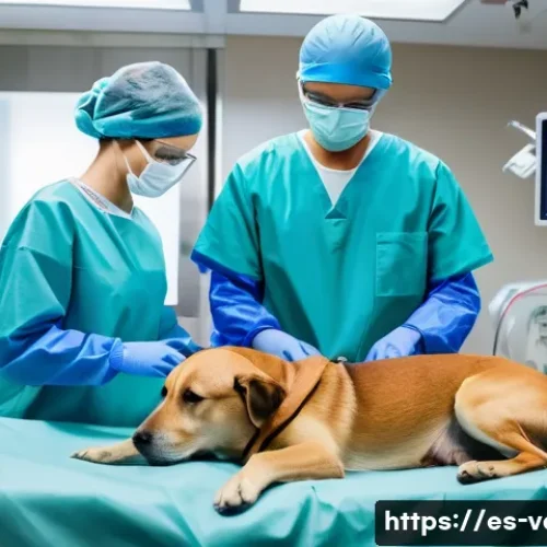 강아지 암 수술 사례 - A detailed veterinary surgical scene showing a veterinarian performing a precise tumor removal surge...