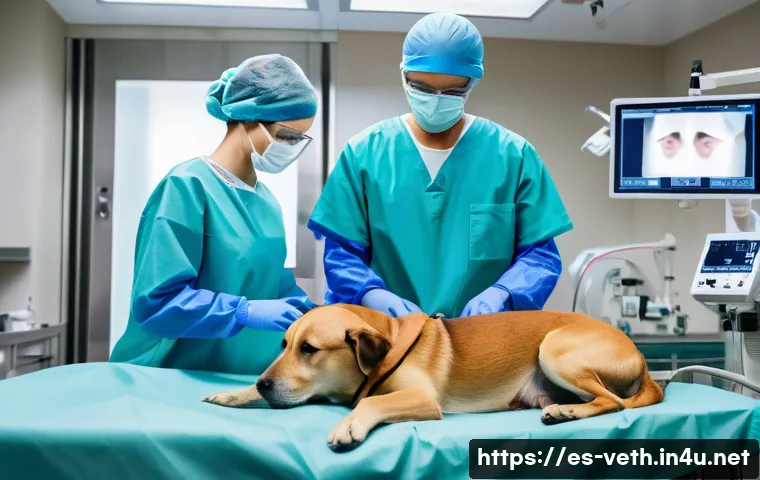 강아지 암 수술 사례 - A detailed veterinary surgical scene showing a veterinarian performing a precise tumor removal surge...
