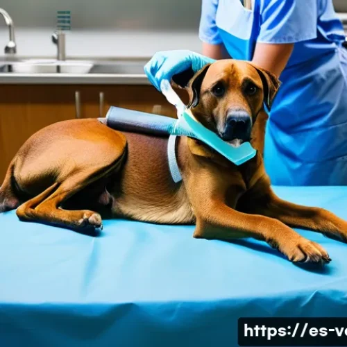 강아지 슬개골 탈구 수술 후기 - A detailed veterinary surgical scene showing a medium-sized dog lying calmly on an operating table i...