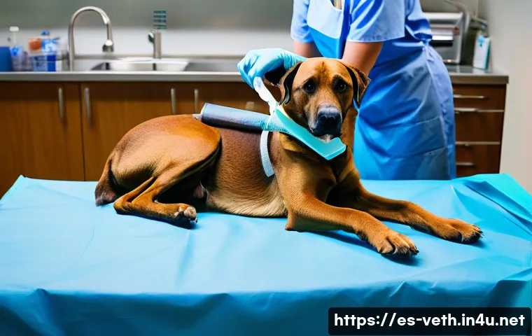강아지 슬개골 탈구 수술 후기 - A detailed veterinary surgical scene showing a medium-sized dog lying calmly on an operating table i...