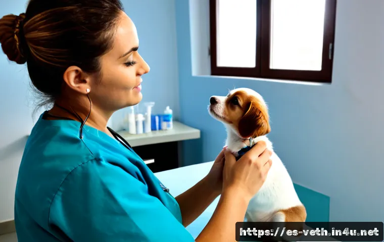 강아지 나이별 필수 예방접종 - Photorealistic veterinary clinic scene in Spain, a gentle veterinarian administering a routine vacci...