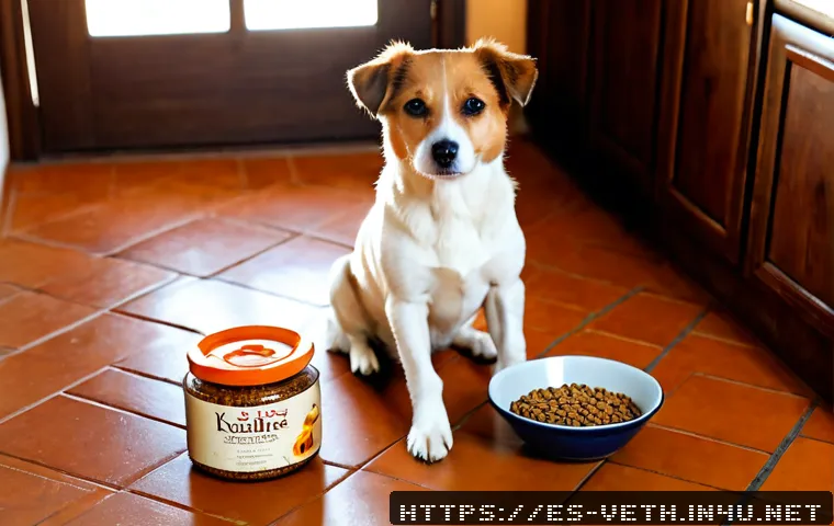 강아지 영양제 효능 리뷰 - Photorealistic home lifestyle scene of a healthy small mixed-breed dog sitting attentively beside an...