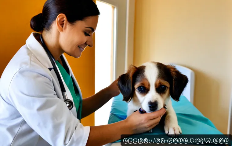 반려동물 등록 방법 - Photorealistic Spanish veterinary clinic scene, a friendly veterinarian in a clean white coat gently...